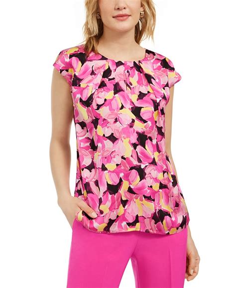 Kasper Floral Print Cap Sleeve Keyhole Woven Top Macys