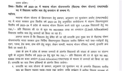 वित्तीय वर्ष 2023 24 में मध्यान्ह भोजन योजनान्तर्गत पी०एम० पोषण योजना एम०एम०ई० मद में विद्यालय