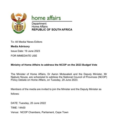 Homeaffairssa On Twitter Media Advisory The Minister Of Home