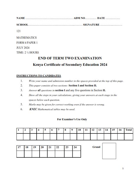 Form Mathematics Paper End Term Examinations With Marking