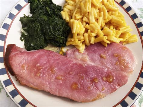 Baked Ham Slice With Marmalade Spinach And Macaroni And Cheese Stock Image Image Of Food