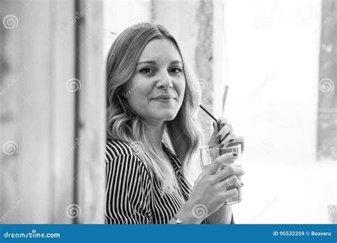 Portrait Of A Cheerful Blonde Woman Drinking Iced Tea Stock Image Image Of Leisure Relax