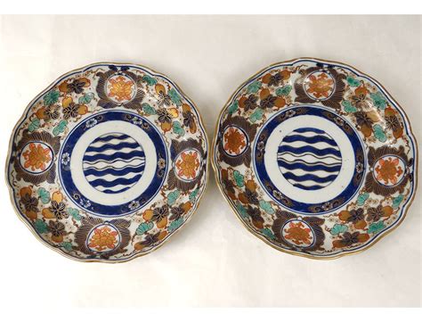 4 Plates Porcelain Imari Japan Flowers Gilding Fruits Signed Nineteenth