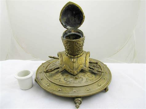 Antique Brass Inkwell Medieval Knights Helmet And Shoulder Plate