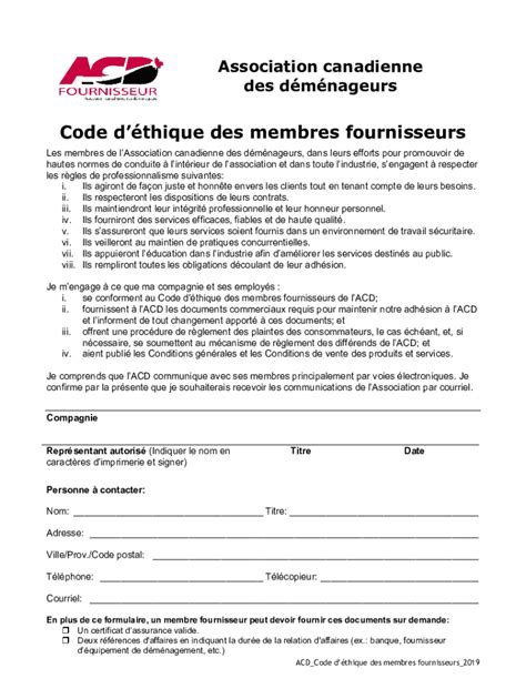 Remplissable En Ligne Code D Thique Des Membres Fournisseurs Fax Email