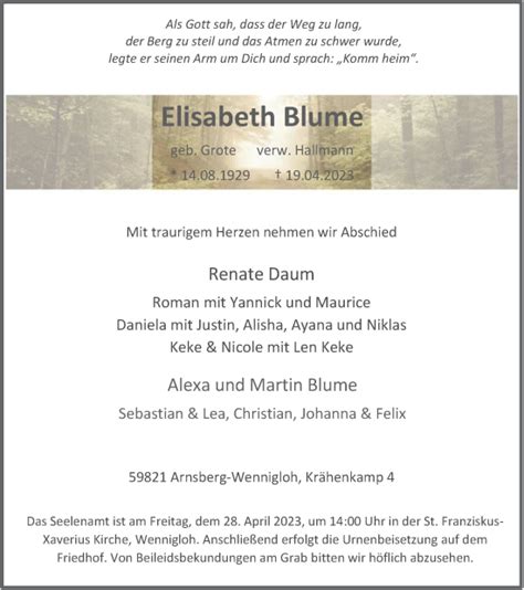 Traueranzeigen Von Elisabeth Blume Trauer In Nrw De