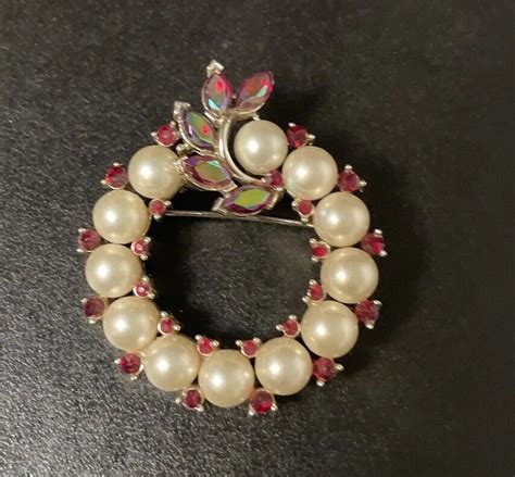 Vintage Lisner Rhinestone Red Faux Pearl Brooch Gem