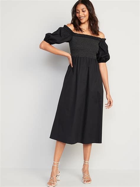 Fit Flare Off The Shoulder Puff Sleeve Smocked Cotton Poplin Midi