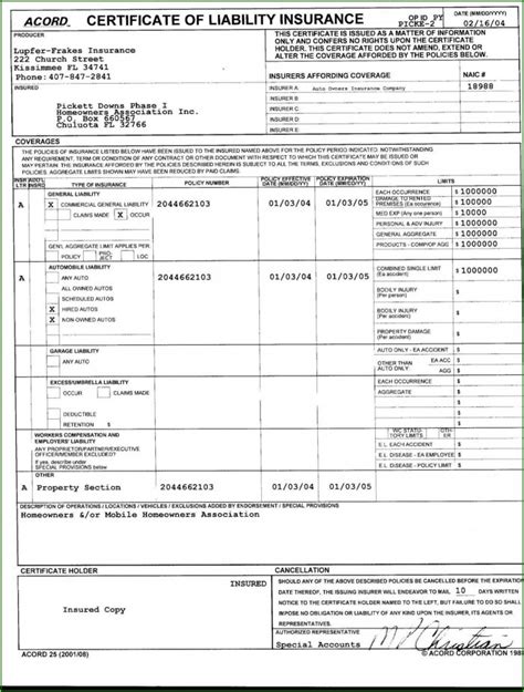 Fillable Acord 25 Certificate Of Insurance Prntbl