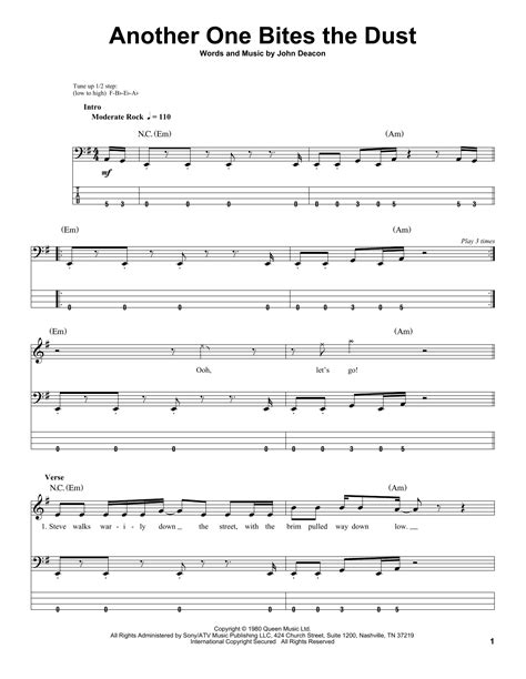 Another One Bites The Dust By Queen Sheet Music For Bass Guitar Tab At