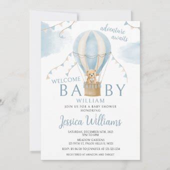 Teddy Bear Hot Air Balloon Baby Boy Shower Invitation Zazzle