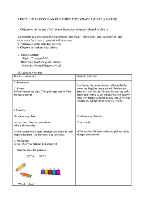 Math Dlp Noe A Detailed Lesson Plan In Mathematics Grade First