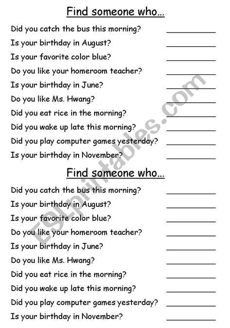 English Worksheets Find Someone Who Ice Breaker