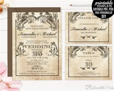 Printable Vintage Victorian Wedding Invitation Set Template