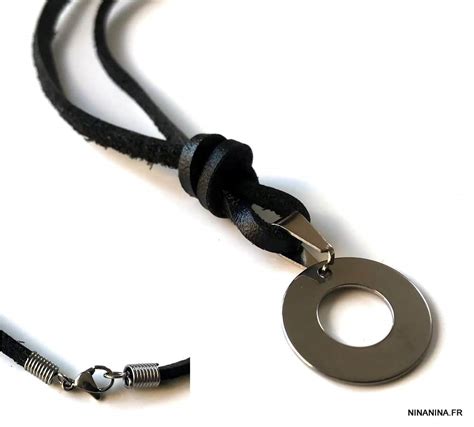 Collier Homme Pendentif Rond Acier Inoxydable Lacet Cuir Ninanina