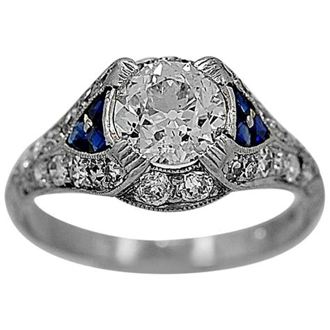 Art Deco 85 Carat Diamond Sapphire Platinum Engagement Ring At 1stDibs