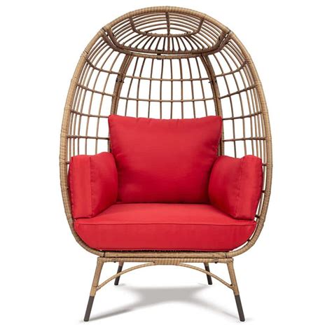 Zeus Ruta Yellow Swivel Wicker Egg Outdoor Lounge Chair With Red