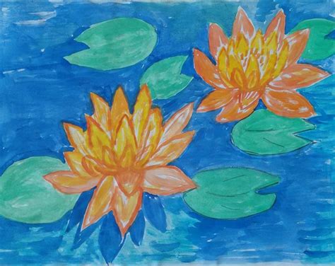 Рисунок кувшинки на воде цветными карандашами и красками.