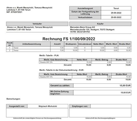 Akces Wzorzec wydruku Faktury Sprzedaży w Języku Niemieckim Subiekt