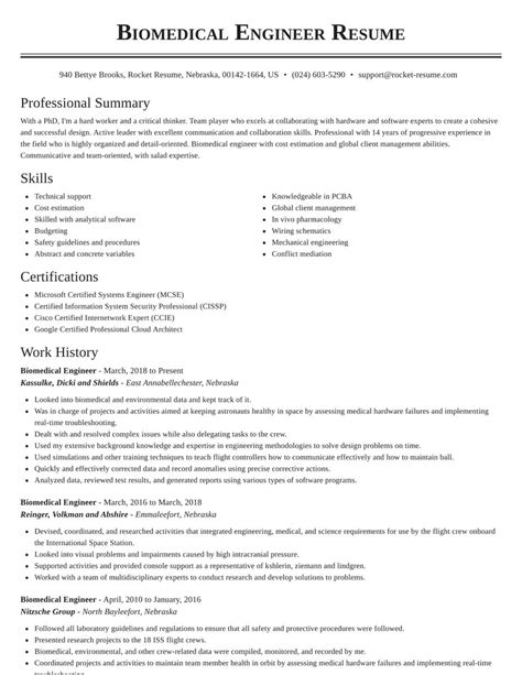 Professional Biomedical Engineering Resume Template Engineer Sample Sample