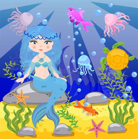 Background With An Underwater World In A Children S Style A Mermaid Is