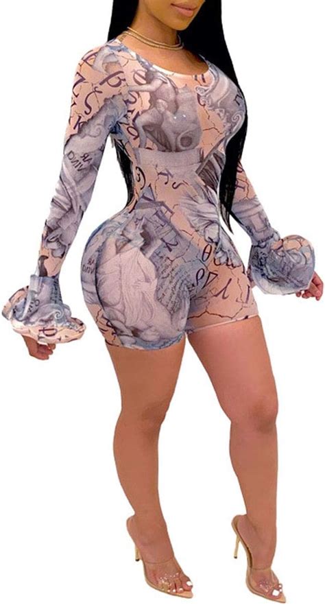 Amazon Uni Clau Women Sexy See Through Long Sleeve Short Jumpsuits