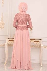 Rose Poudr Tesett Rl Abiye Elbise Robe De Soir E Hijab Pd