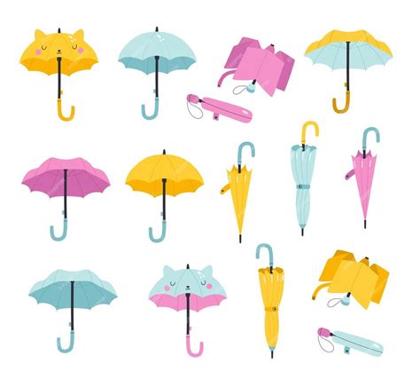 Premium Vector Set Of Umbrellas In Various Positions Open And Folded Umbrellas Hand Drawn