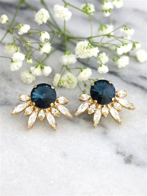 Blue Navy Earrings Bridal Earrings Swarovski Navy Blue Etsy