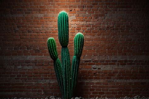 Neon Green Cactus On A Brick Wall Premium Ai Generated Image