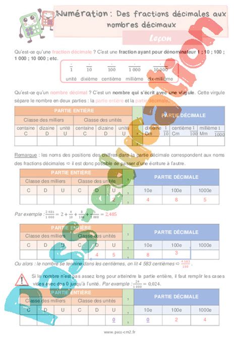 Des Fractions Décimales Aux Nombres Décimaux Leçon De Numération Pour Le Cm2 Pdf à Imprimer