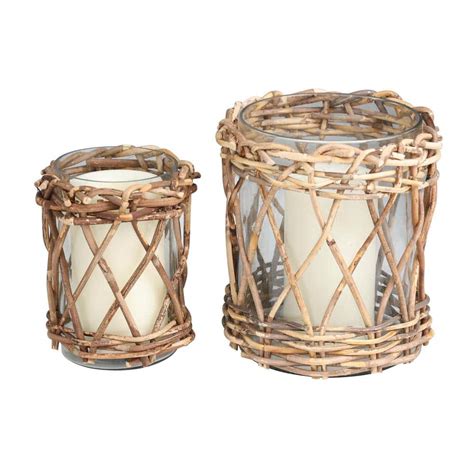 Litton Lane Clear Glass Handmade Candle Holder With Brown Rattan Woven