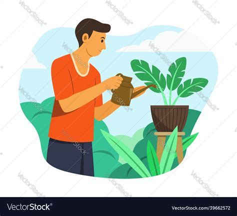 Man Watering Plants In Garden Royalty Free Vector Image