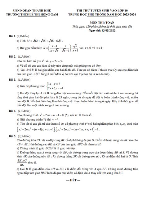 Đề thi thử Toán vào 10 năm 2023 2024 trường THCS Lê Thị Hồng Gấm Đà