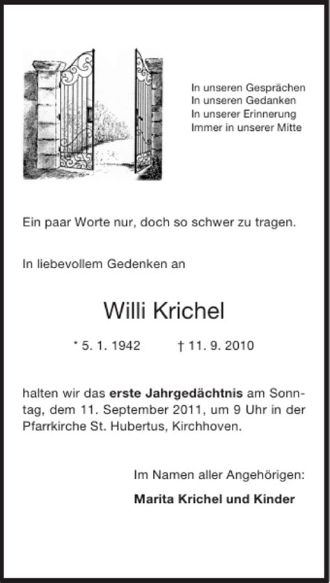 Traueranzeigen Von Willi Krichel Aachen Gedenkt