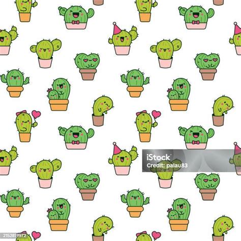 Cute Kawaii Cactus Seamless Pattern Funny Succulent Plant With Happy