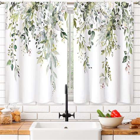 Oolygoo Eucalyptus Botanical Leaves Floral Kitchen Window Curtains Over Sink