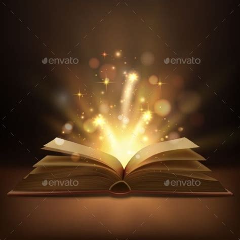 Open Book With Magic Lights Realistic Vector Open Book Light Magic