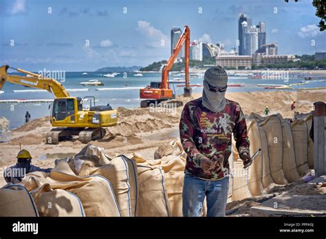 Beach Reclamation Project And Construction Workers Pattaya Thailand