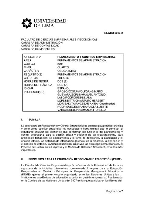 Planeamiento Y Control Empresarial Silabus SÍlabo 202 3 2 Facultad