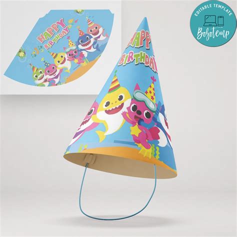 Baby Shark Birthday Party Hat Customizable Template DIY | Bobotemp