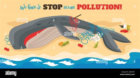 Ocean Pollution Isometric Poster With Big Dying Whale Entangled In