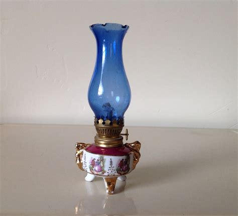 Vintage Small Kerosene Oil Lamp With Cobalt Blue Glass Shade And