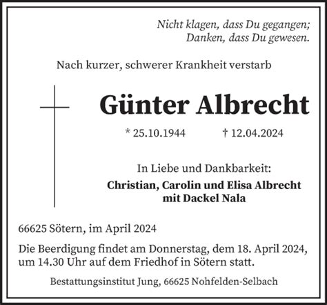 Traueranzeigen Von G Nter Albrecht Saarbruecker Zeitung Trauer De