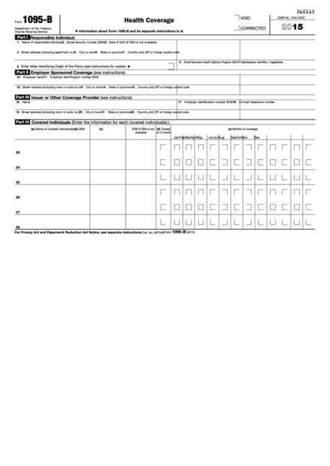 Fillable 2015 Form 1095 B Health Coverage Printable Pdf Download