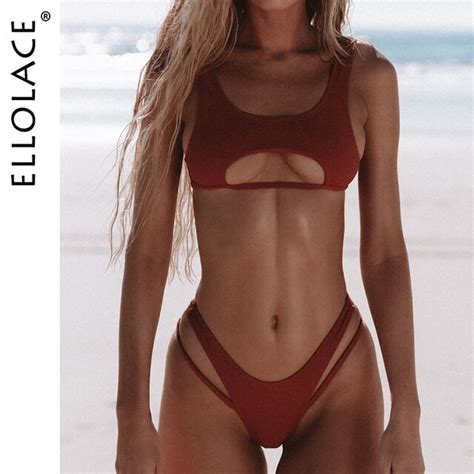 Ellolace Sexy Bikini Aushöhlen Badeanzug Weibliche High Cut Bademode Solide Mode Badeanzug