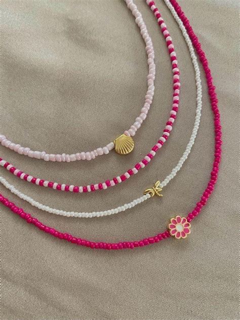 Pink Vsco Necklace Set Seed Bead Necklace Beach Themed Jewelry