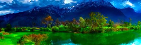An Artistic Dream Like Image Showing A Mountain Landscape With Trees