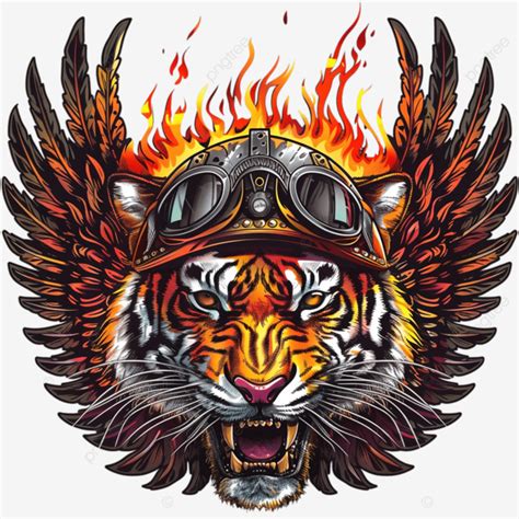 Tiger Head Wearing Helmet With Flames And Wings Aggression Aggressive