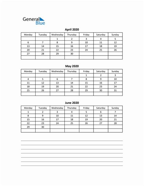 Free Printable Q2 Quarterly Calendar 2020